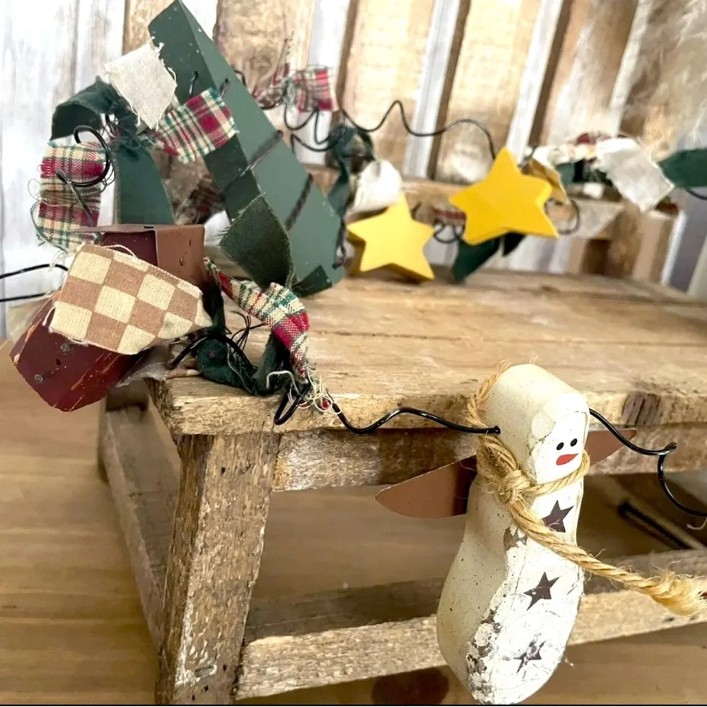 Primitive Rusty Wire Wooden Snowman Garland 3 Ft 4”NEW!